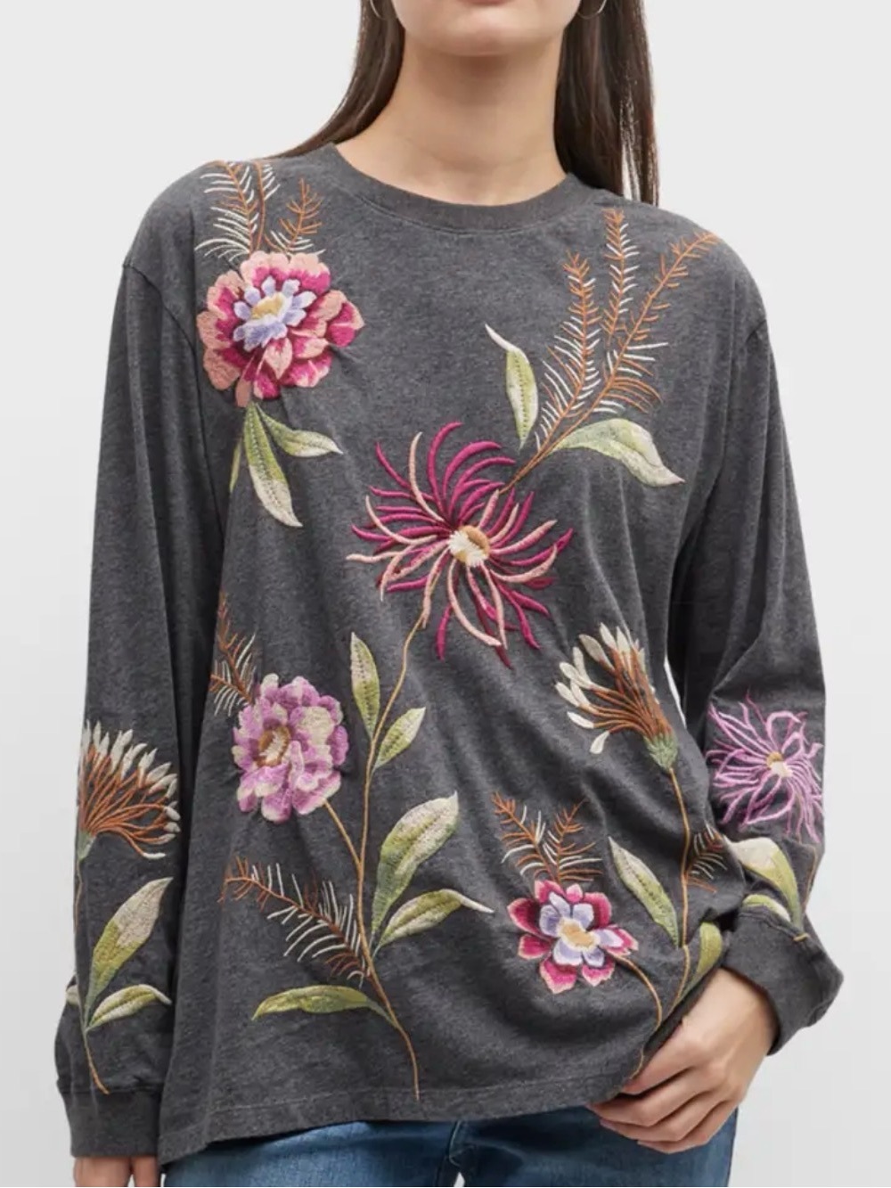 JOHNNY WAS Mariah Grey Floral Embroidered Cotton Long Sleeve Tee Shirt! XL